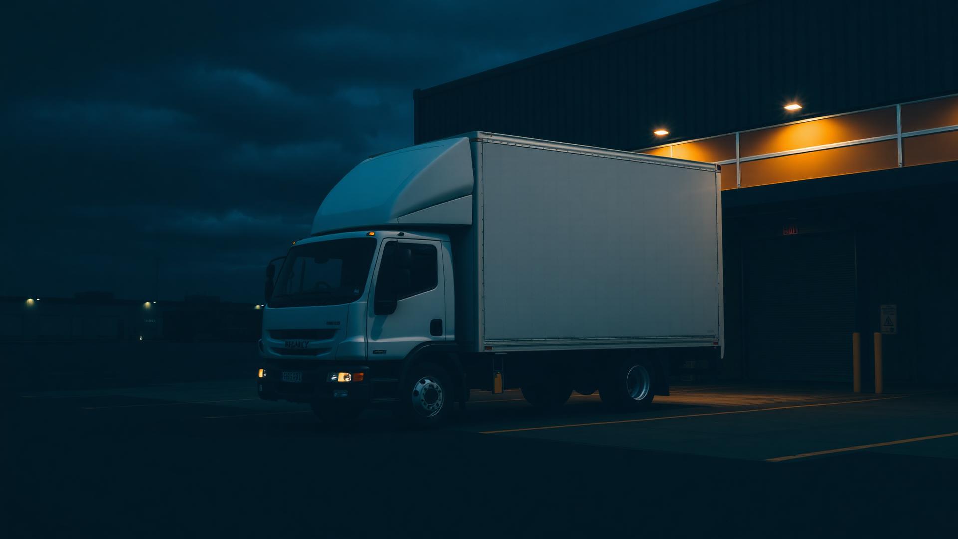H.E.R.S. Logistics box truck staged at a distribution dock at dusk