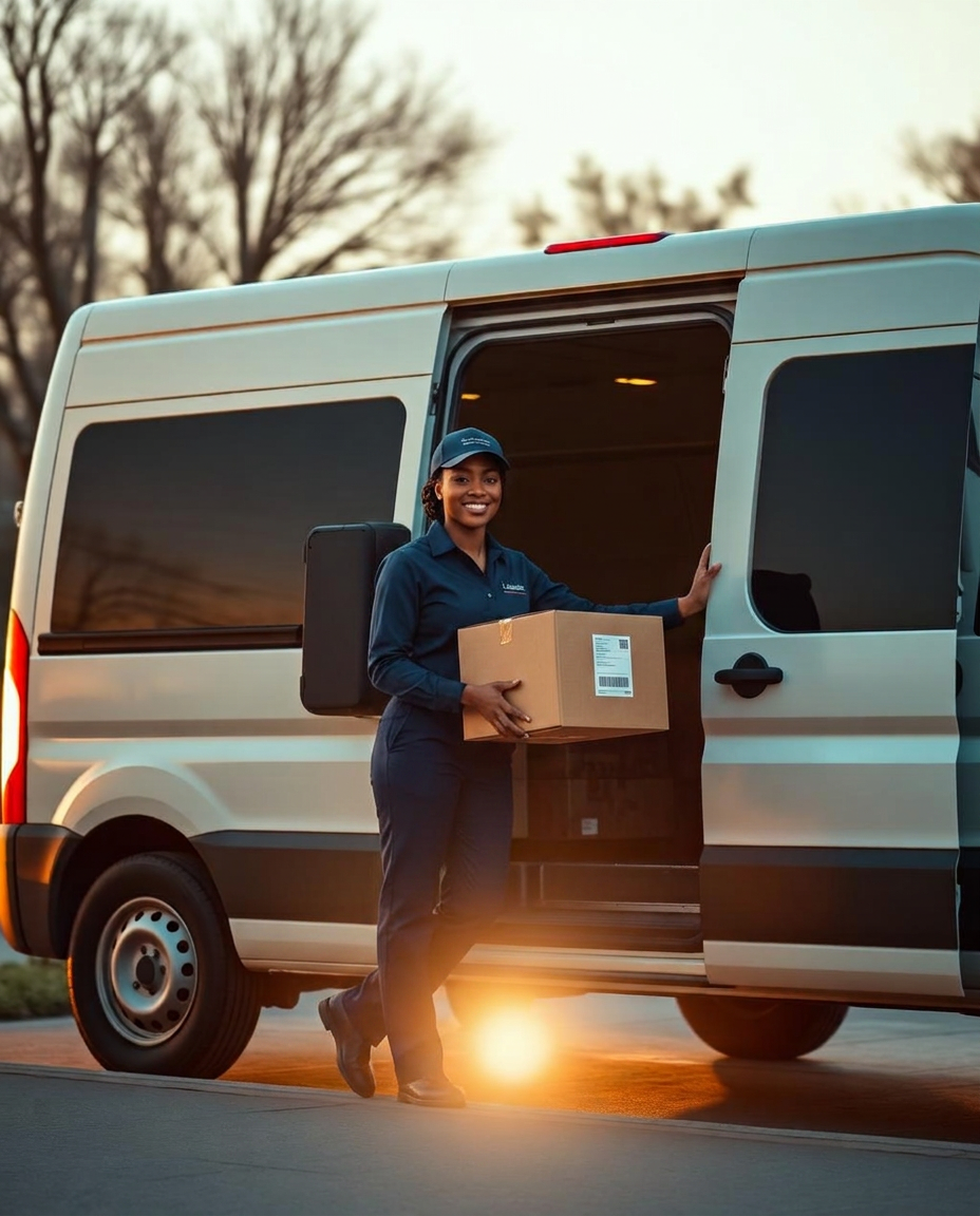 H.E.R.S. Logistics delivery driver carrying a package from a sprinter van